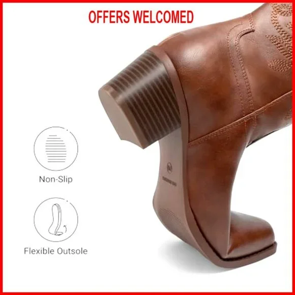 Women's Cowboy Boots with Embroidery, Chunky Heel, Mid Calf, Western Style - Picture 6 of 7